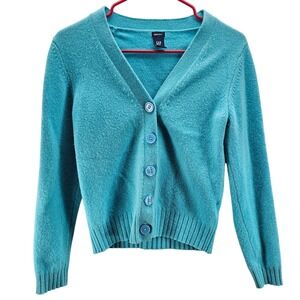 GAP Gapstretch Teal Cardigan Sweater Women's Medium Lambswool V-Neck Button‎ Up